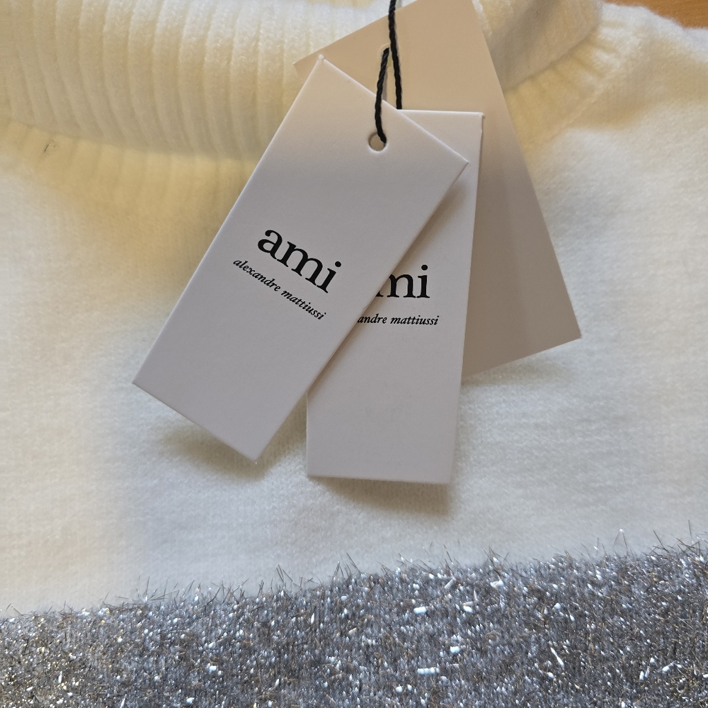 AMI Paris Funnel Neck Lurex-Striped White and Silver Sweater Size Small - Picture 6 of 11